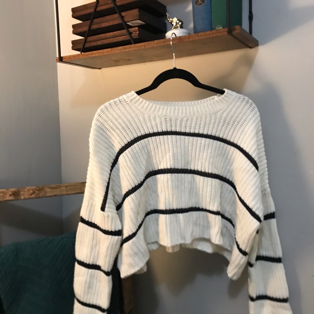 White Striped Crop Knit Sweater